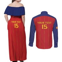 Custom Spain Football 2026 Couples Matching Off Shoulder Maxi Dress and Long Sleeve Button Shirt Go Champions La Roja - Wonder Print Shop