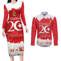 Personalised Tunisia Independence Day Couples Matching Long Sleeve Bodycon Dress and Long Sleeve Button Shirt 69th Anniversary - Flag Map