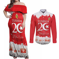 Personalised Tunisia Independence Day Couples Matching Off Shoulder Maxi Dress and Long Sleeve Button Shirt 69th Anniversary - Flag Map