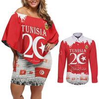 Personalised Tunisia Independence Day Couples Matching Off Shoulder Short Dress and Long Sleeve Button Shirt 69th Anniversary - Flag Map