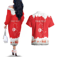 Personalised Tunisia Independence Day Couples Matching Off The Shoulder Long Sleeve Dress and Hawaiian Shirt 69th Anniversary - Flag Map