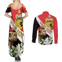 Personalised Tunisia Couples Matching Summer Maxi Dress and Long Sleeve Button Shirt Camelus Dromedarius With Jasmine