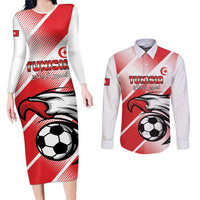 Custom Tunisia Football Couples Matching Long Sleeve Bodycon Dress and Long Sleeve Button Shirt Eagle Mascot - Sporty Style