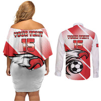 Custom Tunisia Football Couples Matching Off Shoulder Short Dress and Long Sleeve Button Shirt Eagle Mascot - Sporty Style