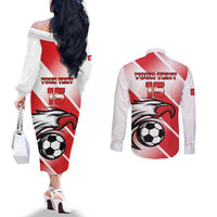 Custom Tunisia Football Couples Matching Off The Shoulder Long Sleeve Dress and Long Sleeve Button Shirt Eagle Mascot - Sporty Style