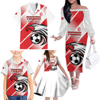 Custom Tunisia Football Family Matching Off The Shoulder Long Sleeve Dress and Hawaiian Shirt Eagle Mascot - Sporty Style