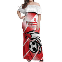 Custom Tunisia Football Off Shoulder Maxi Dress Eagle Mascot - Sporty Style