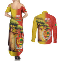 Senegal Independence Day Couples Matching Summer Maxi Dress and Long Sleeve Button Shirt Lion With Baobab