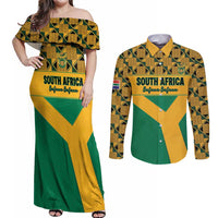 Custom South Africa Soccer Couples Matching Off Shoulder Maxi Dress and Long Sleeve Button Shirt Go Champions