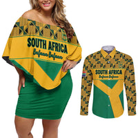 Custom South Africa Soccer Couples Matching Off Shoulder Short Dress and Long Sleeve Button Shirt Go Champions