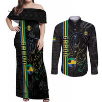Custom Gabon Football Couples Matching Off Shoulder Maxi Dress and Long Sleeve Button Shirt Go Les Pantheres - Black Ver