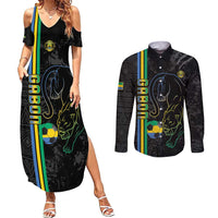Custom Gabon Football Couples Matching Summer Maxi Dress and Long Sleeve Button Shirt Go Les Pantheres - Black Ver