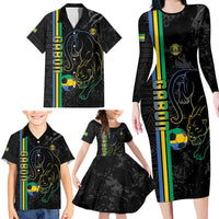 Custom Gabon Football Family Matching Long Sleeve Bodycon Dress and Hawaiian Shirt Go Les Pantheres - Black Ver