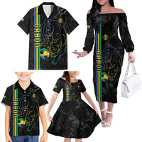 Custom Gabon Football Family Matching Off The Shoulder Long Sleeve Dress and Hawaiian Shirt Go Les Pantheres - Black Ver