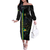 Custom Gabon Football Family Matching Off The Shoulder Long Sleeve Dress and Hawaiian Shirt Go Les Pantheres - Black Ver