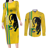 Custom Gabon Football Couples Matching Long Sleeve Bodycon Dress and Long Sleeve Button Shirt Go Les Pantheres - Yellow Ver