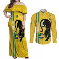 Custom Gabon Football Couples Matching Off Shoulder Maxi Dress and Long Sleeve Button Shirt Go Les Pantheres - Yellow Ver