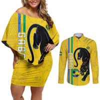 Custom Gabon Football Couples Matching Off Shoulder Short Dress and Long Sleeve Button Shirt Go Les Pantheres - Yellow Ver