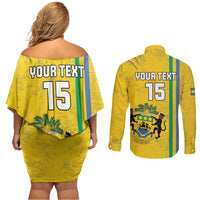 Custom Gabon Football Couples Matching Off Shoulder Short Dress and Long Sleeve Button Shirt Go Les Pantheres - Yellow Ver
