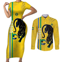 Custom Gabon Football Couples Matching Short Sleeve Bodycon Dress and Long Sleeve Button Shirt Go Les Pantheres - Yellow Ver