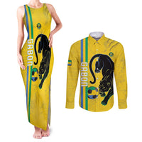 Custom Gabon Football Couples Matching Tank Maxi Dress and Long Sleeve Button Shirt Go Les Pantheres - Yellow Ver