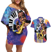 Satchmofest Couples Matching Off Shoulder Short Dress and Hawaiian Shirt King Of Jazz What a Wonderful World - Wonder Print Shop