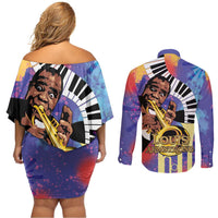 Satchmofest Couples Matching Off Shoulder Short Dress and Long Sleeve Button Shirt King Of Jazz What a Wonderful World - Wonder Print Shop