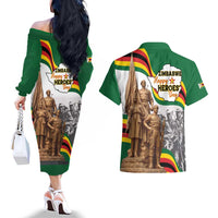 Happy Heroes Day Zimbabwe Couples Matching Off The Shoulder Long Sleeve Dress and Hawaiian Shirt Lest We Forget - Wonder Print Shop