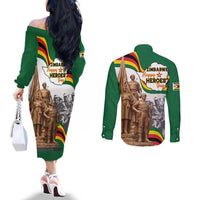 Happy Heroes Day Zimbabwe Couples Matching Off The Shoulder Long Sleeve Dress and Long Sleeve Button Shirt Lest We Forget - Wonder Print Shop