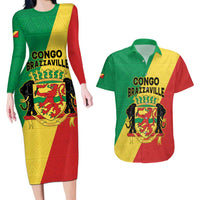 Personalized Congo Brazzaville Couples Matching Long Sleeve Bodycon Dress and Hawaiian Shirt Coat Of Arms With Map - Flag Style - Wonder Print Shop