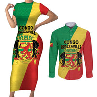 Personalized Congo Brazzaville Couples Matching Short Sleeve Bodycon Dress and Long Sleeve Button Shirt Coat Of Arms With Map - Flag Style - Wonder Print Shop