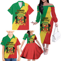 Personalized Congo Brazzaville Family Matching Off The Shoulder Long Sleeve Dress and Hawaiian Shirt Coat Of Arms With Map - Flag Style - Wonder Print Shop
