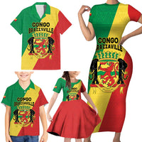 Personalized Congo Brazzaville Family Matching Short Sleeve Bodycon Dress and Hawaiian Shirt Coat Of Arms With Map - Flag Style - Wonder Print Shop