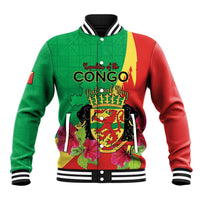 Personalized Congo Brazzaville National Day Baseball Jacket Coat Of Arms Hibiscus Flower - Wonder Print Shop