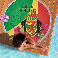 Personalized Congo Brazzaville National Day Beach Blanket Coat Of Arms Hibiscus Flower - Wonder Print Shop