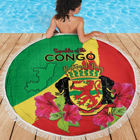 Personalized Congo Brazzaville National Day Beach Blanket Coat Of Arms Hibiscus Flower - Wonder Print Shop