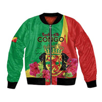 Personalized Congo Brazzaville National Day Bomber Jacket Coat Of Arms Hibiscus Flower - Wonder Print Shop