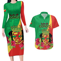 Personalized Congo Brazzaville National Day Couples Matching Long Sleeve Bodycon Dress and Hawaiian Shirt Coat Of Arms Hibiscus Flower - Wonder Print Shop