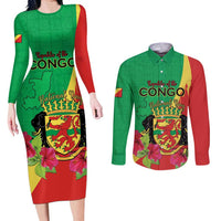 Personalized Congo Brazzaville National Day Couples Matching Long Sleeve Bodycon Dress and Long Sleeve Button Shirt Coat Of Arms Hibiscus Flower - Wonder Print Shop