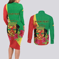 Personalized Congo Brazzaville National Day Couples Matching Long Sleeve Bodycon Dress and Long Sleeve Button Shirt Coat Of Arms Hibiscus Flower - Wonder Print Shop