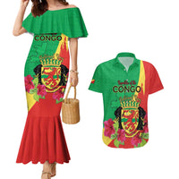 Personalized Congo Brazzaville National Day Couples Matching Mermaid Dress and Hawaiian Shirt Coat Of Arms Hibiscus Flower - Wonder Print Shop