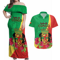 Personalized Congo Brazzaville National Day Couples Matching Off Shoulder Maxi Dress and Hawaiian Shirt Coat Of Arms Hibiscus Flower - Wonder Print Shop
