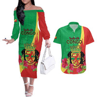 Personalized Congo Brazzaville National Day Couples Matching Off The Shoulder Long Sleeve Dress and Hawaiian Shirt Coat Of Arms Hibiscus Flower - Wonder Print Shop