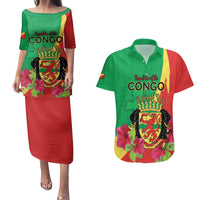 Personalized Congo Brazzaville National Day Couples Matching Puletasi and Hawaiian Shirt Coat Of Arms Hibiscus Flower - Wonder Print Shop