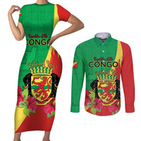 Personalized Congo Brazzaville National Day Couples Matching Short Sleeve Bodycon Dress and Long Sleeve Button Shirt Coat Of Arms Hibiscus Flower - Wonder Print Shop