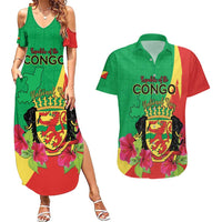 Personalized Congo Brazzaville National Day Couples Matching Summer Maxi Dress and Hawaiian Shirt Coat Of Arms Hibiscus Flower - Wonder Print Shop