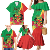 Personalized Congo Brazzaville National Day Family Matching Mermaid Dress and Hawaiian Shirt Coat Of Arms Hibiscus Flower - Wonder Print Shop