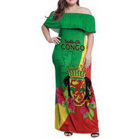 Personalized Congo Brazzaville National Day Family Matching Off Shoulder Maxi Dress and Hawaiian Shirt Coat Of Arms Hibiscus Flower - Wonder Print Shop