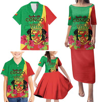 Personalized Congo Brazzaville National Day Family Matching Puletasi and Hawaiian Shirt Coat Of Arms Hibiscus Flower - Wonder Print Shop