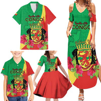 Personalized Congo Brazzaville National Day Family Matching Summer Maxi Dress and Hawaiian Shirt Coat Of Arms Hibiscus Flower - Wonder Print Shop